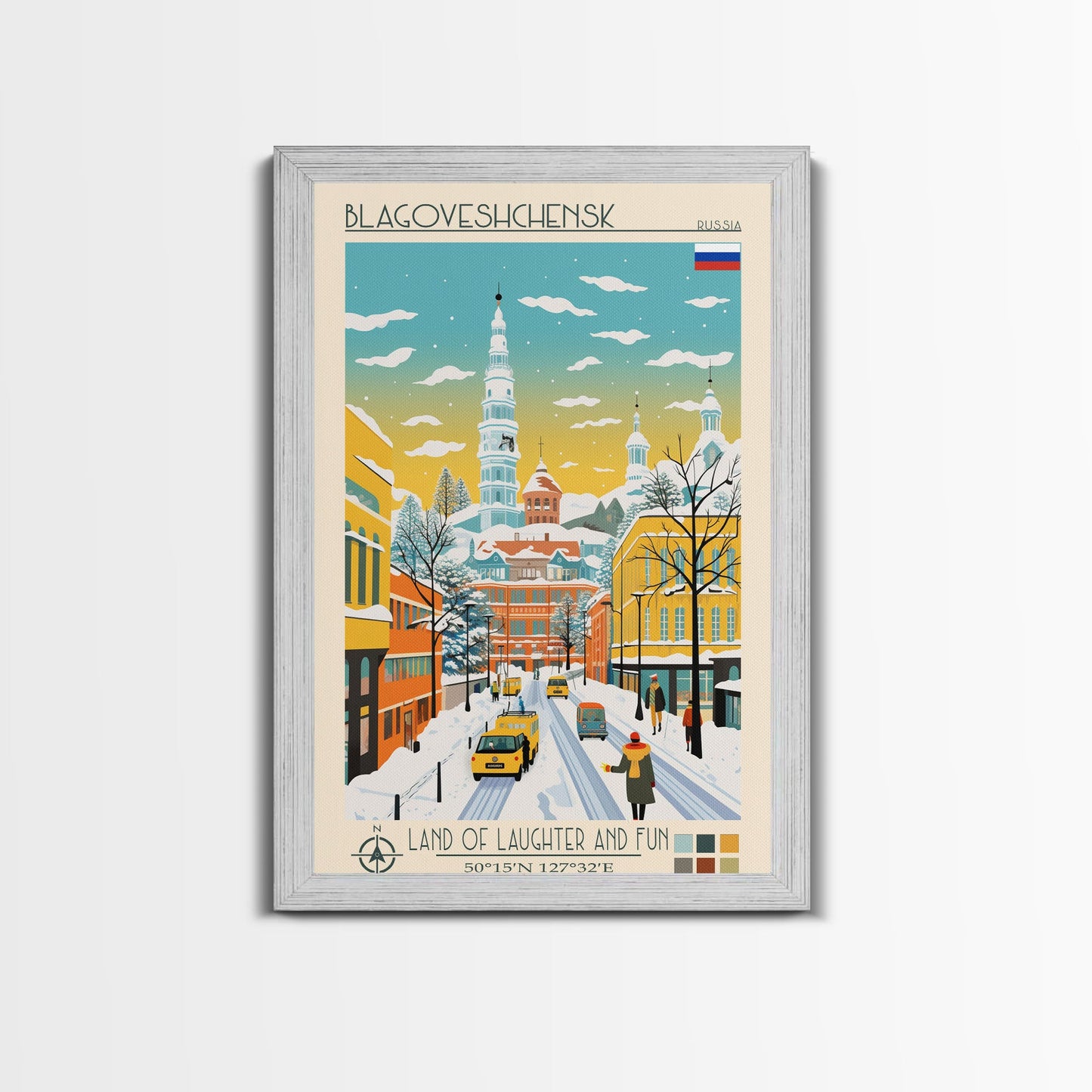 Blagoveshchensk Russia Travel Poster Framed Canvas Print, Midcentury Modern Art, Pop Art Home Decor, Scenic Wall Art, Unique Gift