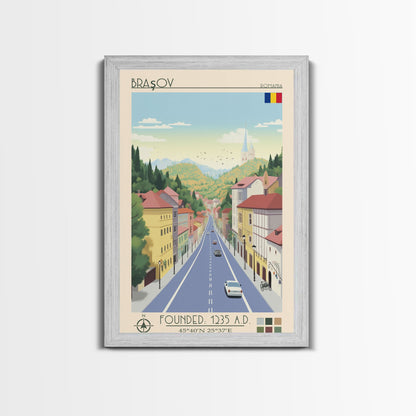 Brașov Romania Travel Poster Framed Canvas Print, Midcentury Modern Art, Pop Art Wall Decor, Home Decor, Vacation Gift, Living Room Art