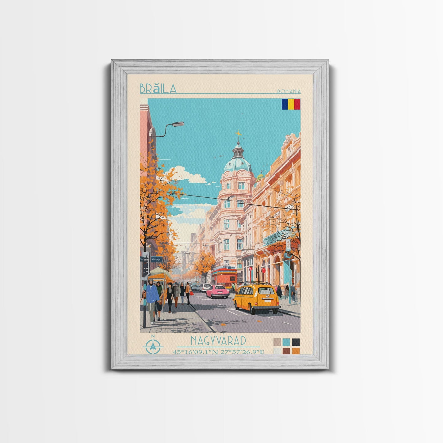 Brăila Romania Travel Poster Framed Canvas Print, Midcentury Modern Art, Pop Art Wall Decor, Home Decor, Vacation Gift, Living Room Art