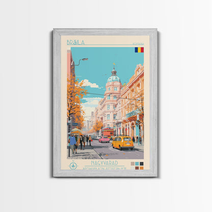 Brăila Romania Travel Poster Framed Canvas Print, Midcentury Modern Art, Pop Art Wall Decor, Home Decor, Vacation Gift, Living Room Art
