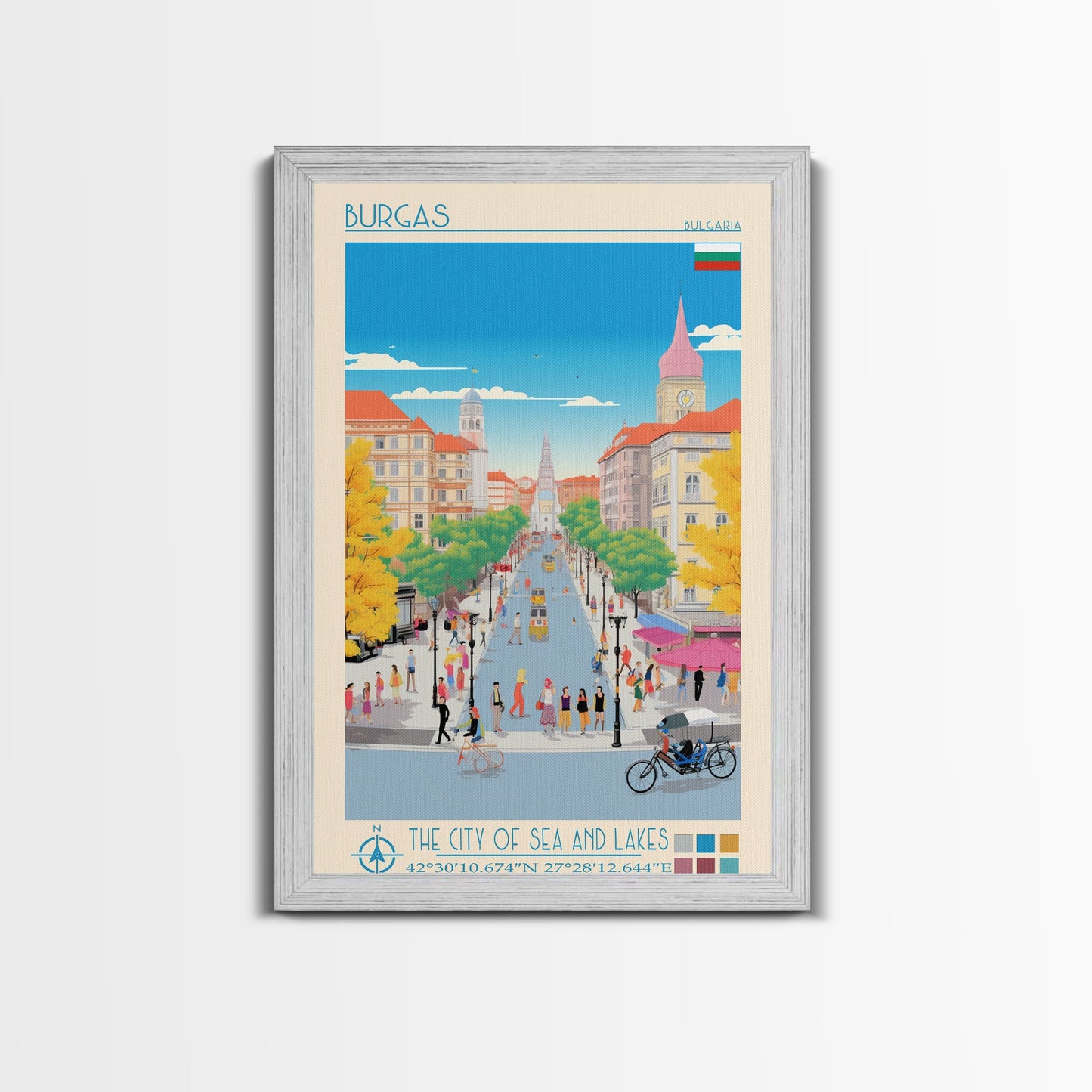 Burgas Bulgaria Travel Poster Framed Canvas Print, Midcentury Modern Art, Pop Art Wall Decor, Home Decor, Vacation Gift, Living Room Art