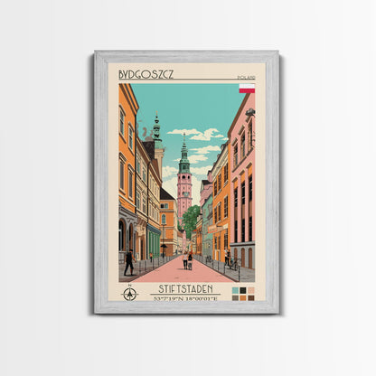 Bydgoszcz Poland Travel Poster Framed Canvas Print, Midcentury Modern Art, Pop Art Wall Decor, Home Decor, Vacation Gift, Living Room Art