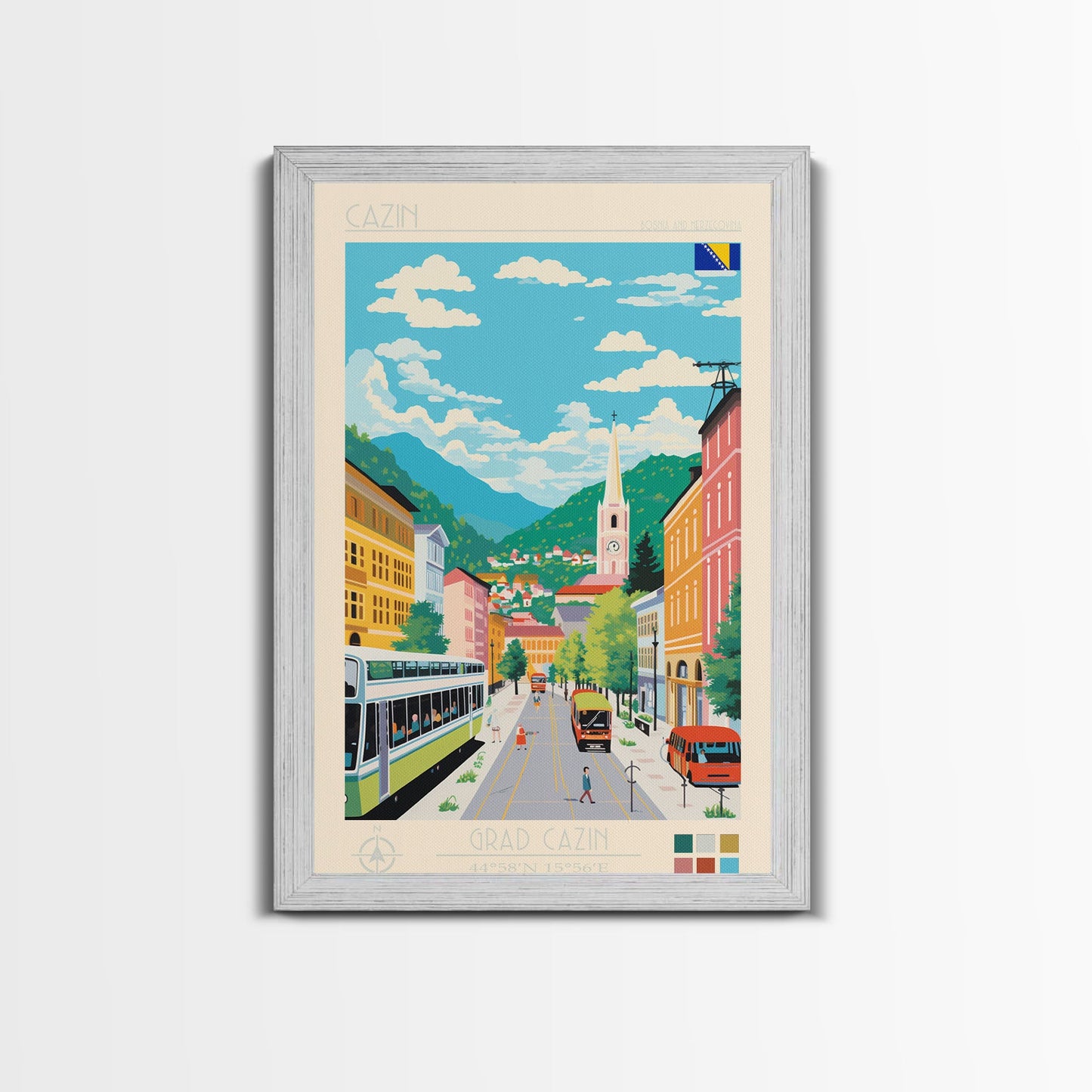 Cazin Bosnia and Herzegovina Travel Poster Framed Canvas Print, Midcentury Modern Art, Pop Art Wall Decor, Home Decor, Living Room Art