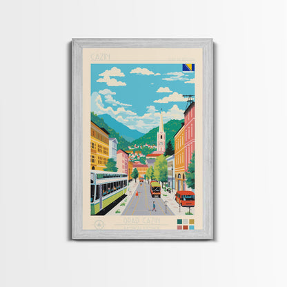 Cazin Bosnia and Herzegovina Travel Poster Framed Canvas Print, Midcentury Modern Art, Pop Art Wall Decor, Home Decor, Living Room Art