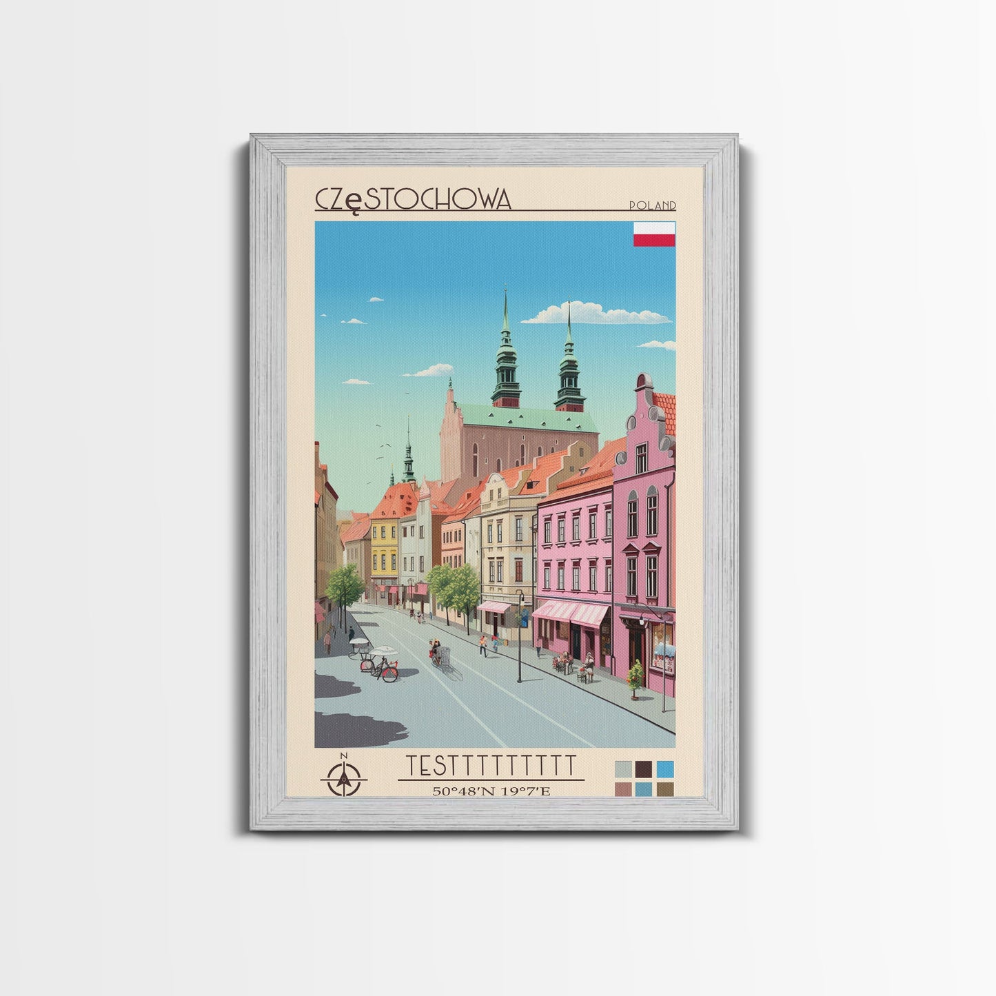 Częstochowa Poland Travel Poster Framed Canvas Print, Midcentury Modern Art, Pop Art Wall Decor, Home Decor, Vacation Gift, Living Room Art