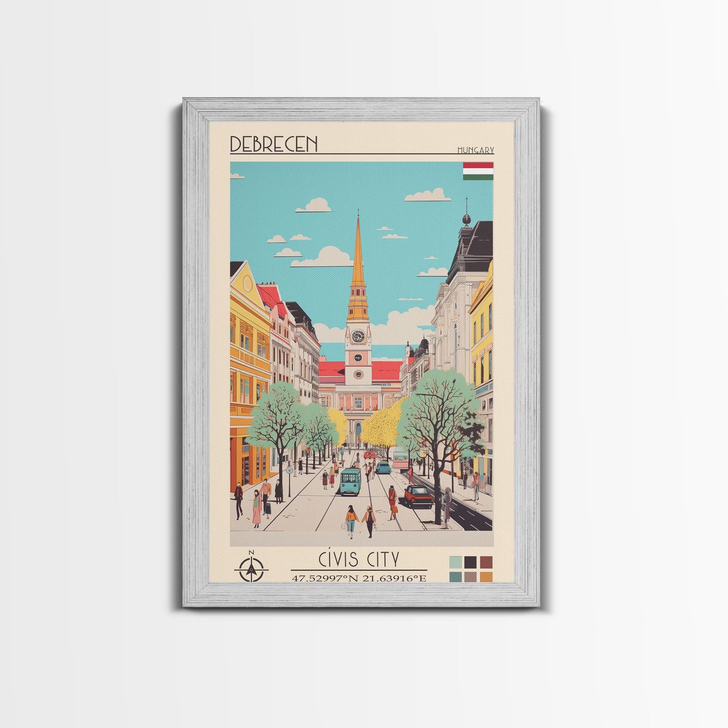 Debrecen Hungary Travel Poster Framed Canvas Print, Midcentury Modern Art, Pop Art Wall Decor, Home Decor, Vacation Gift, Living Room Art