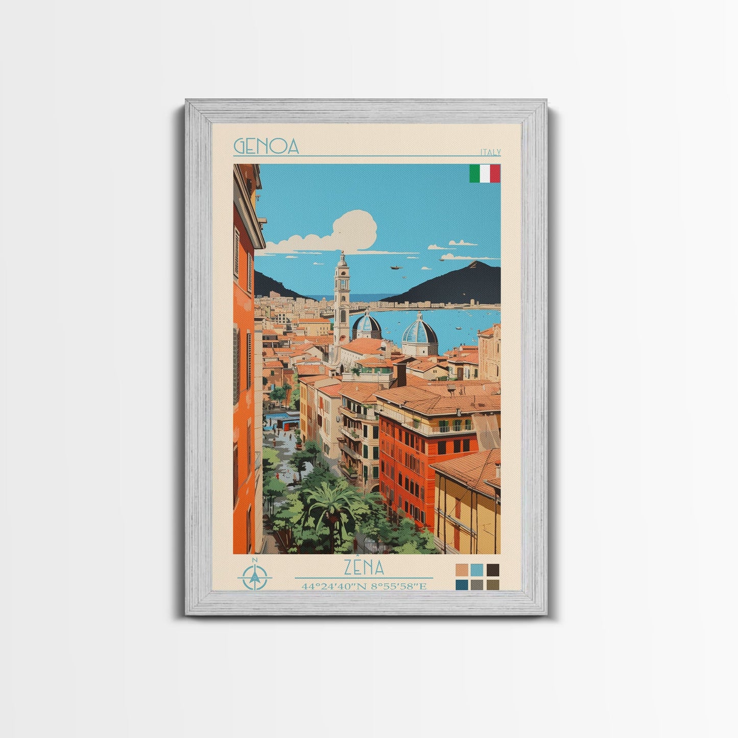 Genoa Italy Travel Poster Framed Canvas Print, Midcentury Modern Art, Pop Art Wall Decor, Scenic Wall Art, Living Room Decoration, Office Gift