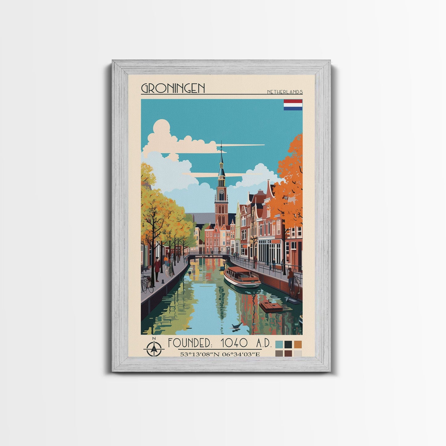 Groningen Netherlands Travel Poster Framed Canvas Print, Midcentury Modern Art, Pop Art Wall Decor, Scenic Living Room Art, Bedroom Gift