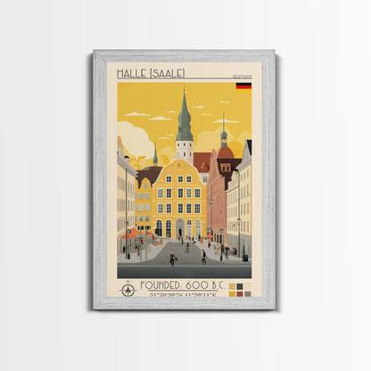 Halle Germany Travel Poster Framed Canvas Print, Midcentury Modern Art, Pop Art Wall Decor, Scenic Living Room Art, Bedroom Decor