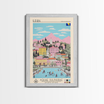 Ilidža Bosnia and Herzegovina Travel Poster Framed Canvas Print, Midcentury Modern Art, Pop Art Wall Decor, Scenic Wall Art, Bedroom Decoration