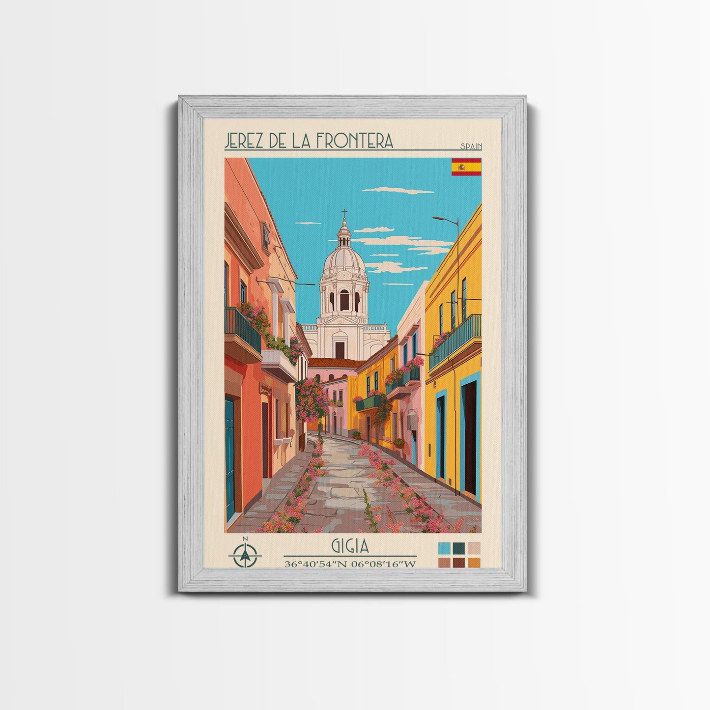 Jerez de la Frontera Spain Travel Poster Framed Canvas Print, Midcentury Modern Art, Pop Art Wall Decor, Scenic Bedroom Art, Office Decoration