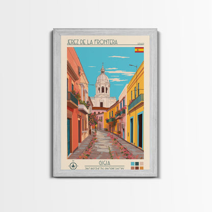 Jerez de la Frontera Spain Travel Poster Framed Canvas Print, Midcentury Modern Art, Pop Art Wall Decor, Scenic Bedroom Art, Office Decoration