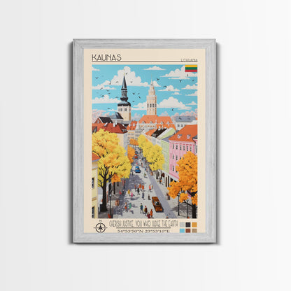 Kaunas Lithuania Travel Poster Framed Canvas Print, Midcentury Modern Art, Pop Art Wall Decor, Scenic Living Room Art, Bedroom Gift