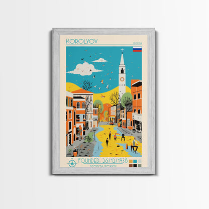Korolyov Russia Travel Poster Framed Canvas Print, Midcentury Modern Art, Pop Art Wall Decor, Scenic Bedroom Art, Office Decoration
