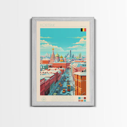 Kortrijk Belgium Travel Poster Framed Canvas Print, Midcentury Modern Art, Pop Art Wall Decor, Scenic Living Room Art, Bedroom Decor