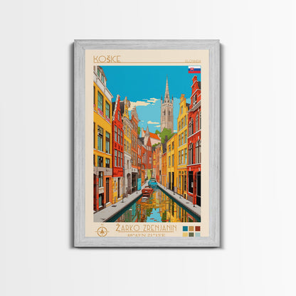 Košice Slovakia Travel Poster Framed Canvas Print, Midcentury Modern Art, Pop Art Wall Decor, Scenic Living Room Art, Bedroom Gift