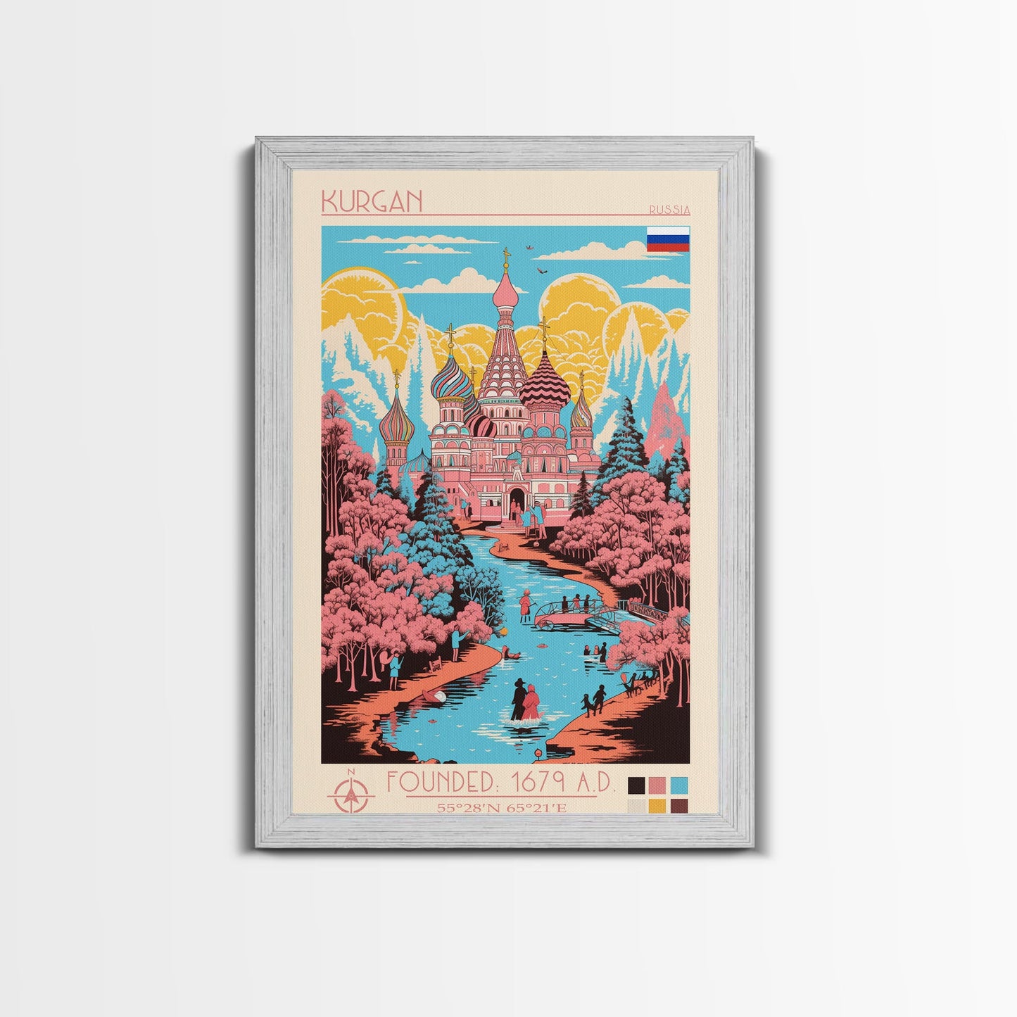 Kurgan Russia Travel Poster Framed Canvas Print, Midcentury Modern Art, Pop Art Wall Decor, Scenic Wall Art, Living Room Decoration, Office Gift