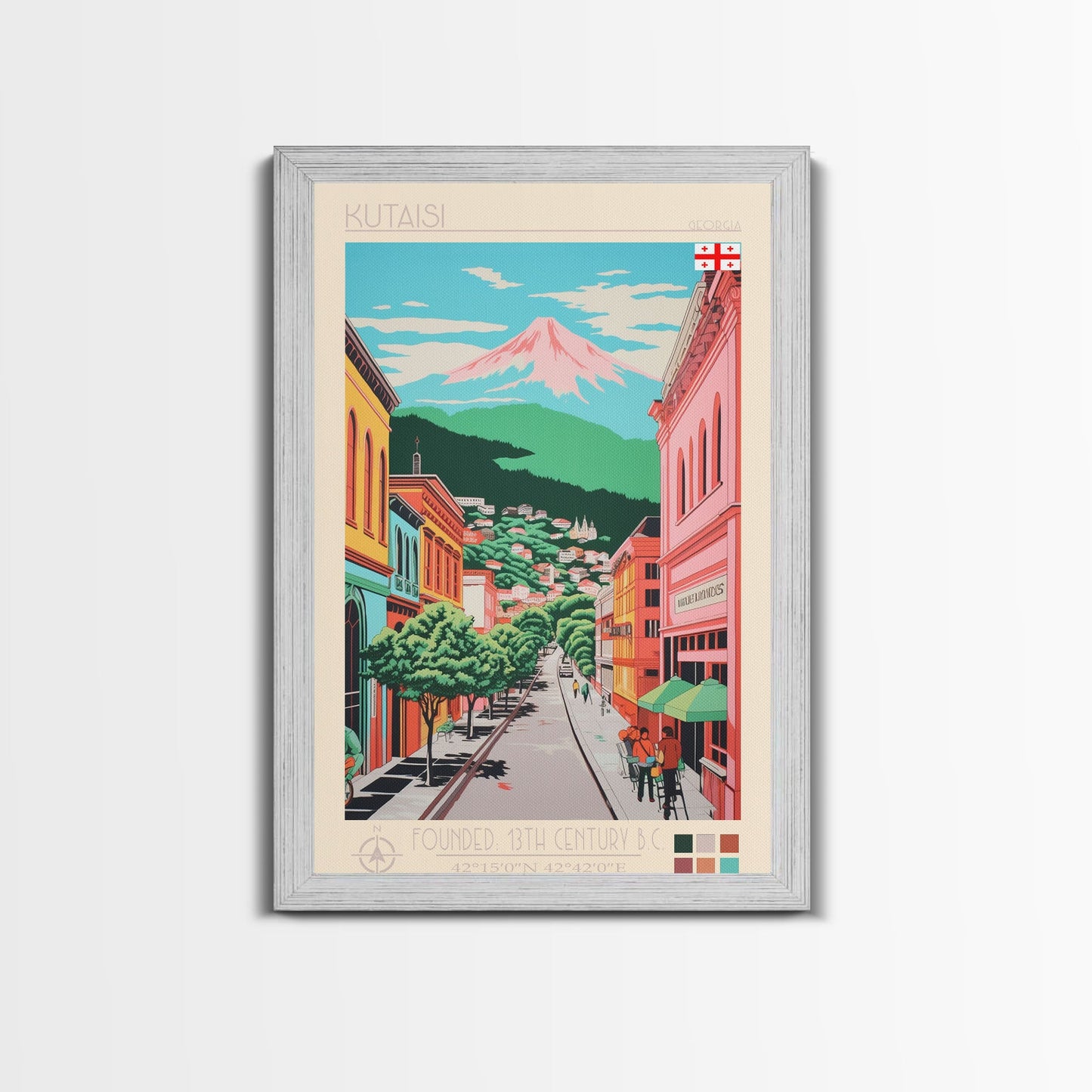 Kutaisi Georgia Travel Poster Framed Canvas Print, Midcentury Modern Art, Pop Art Wall Decor, Scenic Living Room Art, Bedroom Decor