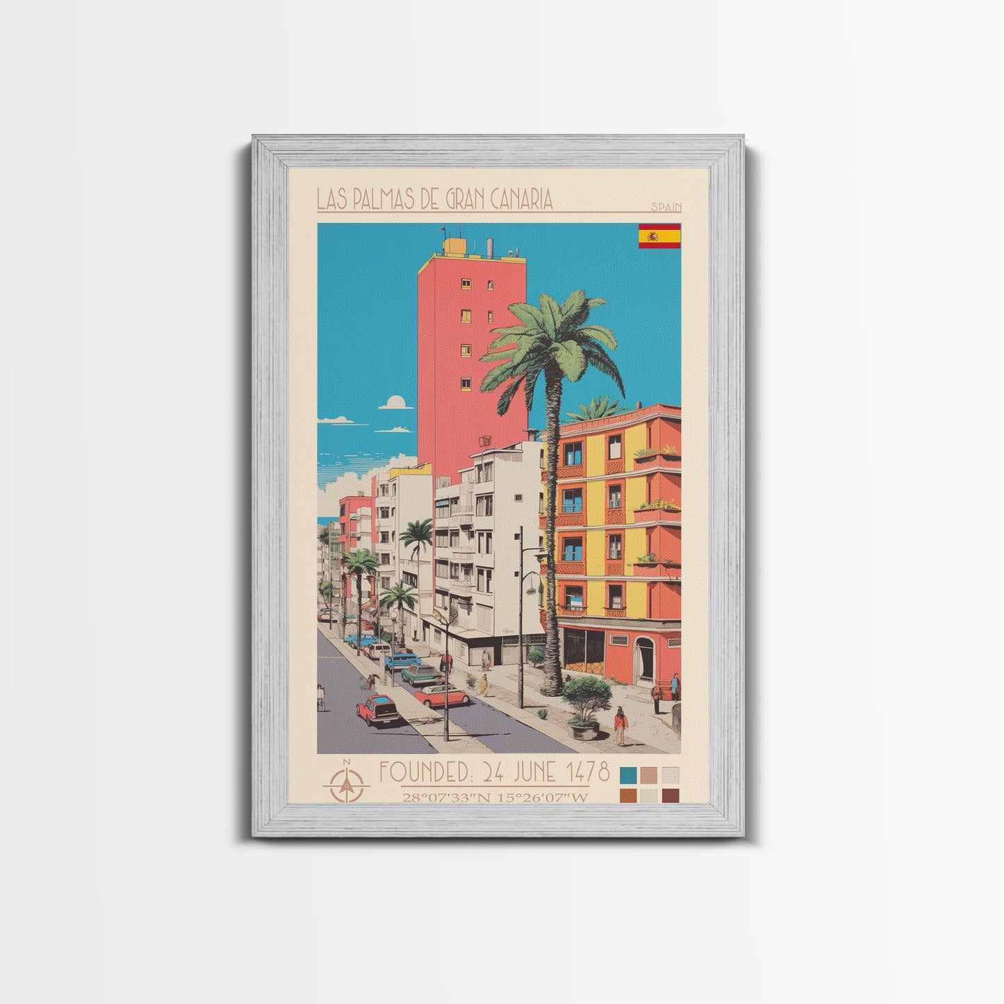 Las Palmas de Gran Canaria Spain Travel Poster Framed Canvas Print, Midcentury Modern Art, Pop Art Wall Decor, Scenic Wall Art, Bedroom Decoration