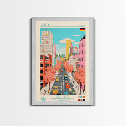 Leipzig Germany Travel Poster Framed Canvas Print, Midcentury Modern Art, Pop Art Wall Decor, Scenic Living Room Art, Bedroom Gift