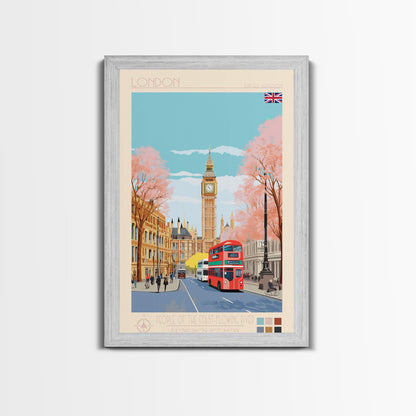 London United Kingdom Travel Poster Framed Canvas Print, Wall Decor, Midcentury Modern Art, Pop Art, Scenic Art for Office and Home