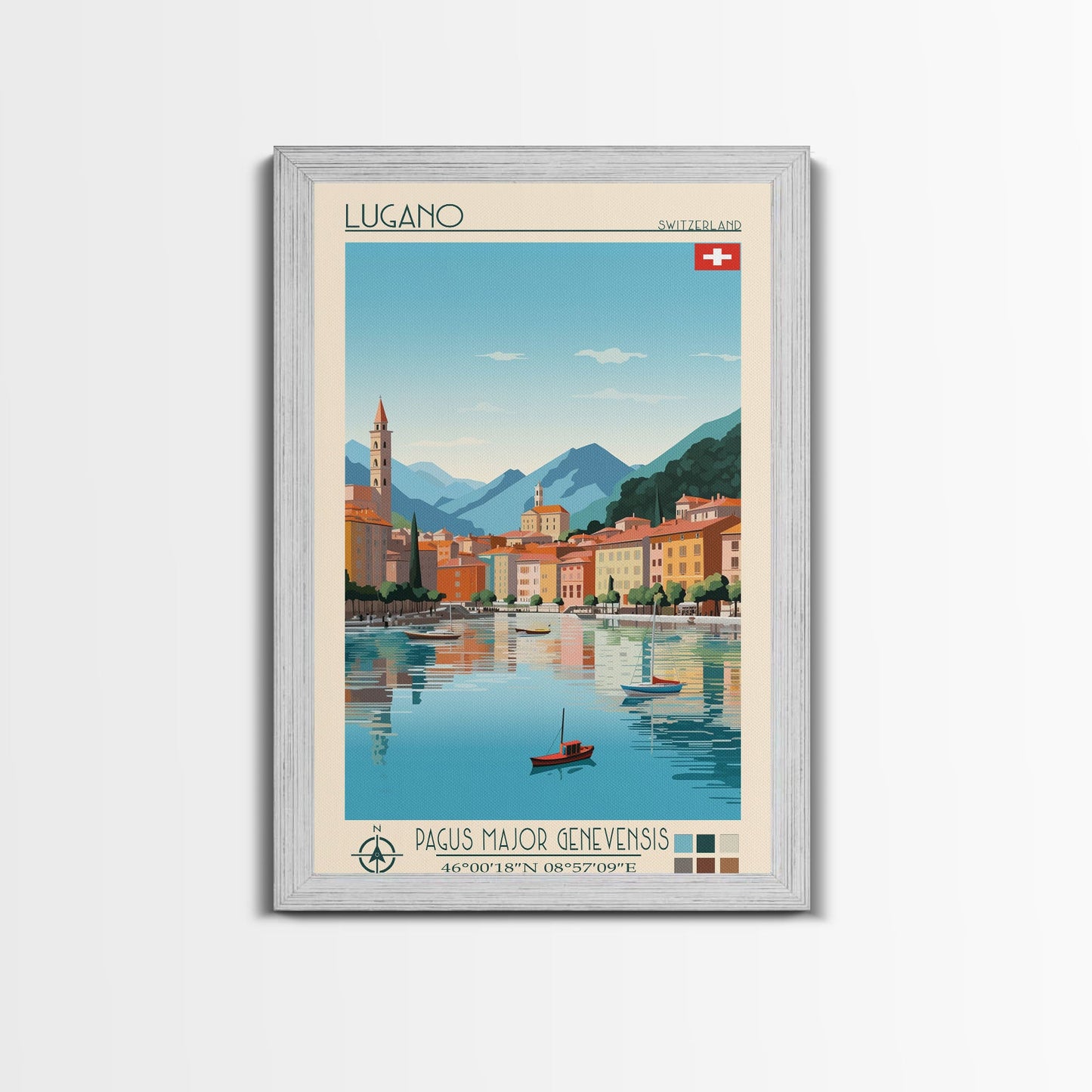 Lugano Switzerland Travel Poster Framed Canvas Print, Midcentury Modern Art, Pop Art Wall Decor, Scenic Art, Bedroom and Living Room Decor
