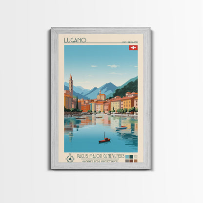 Lugano Switzerland Travel Poster Framed Canvas Print, Midcentury Modern Art, Pop Art Wall Decor, Scenic Art, Bedroom and Living Room Decor