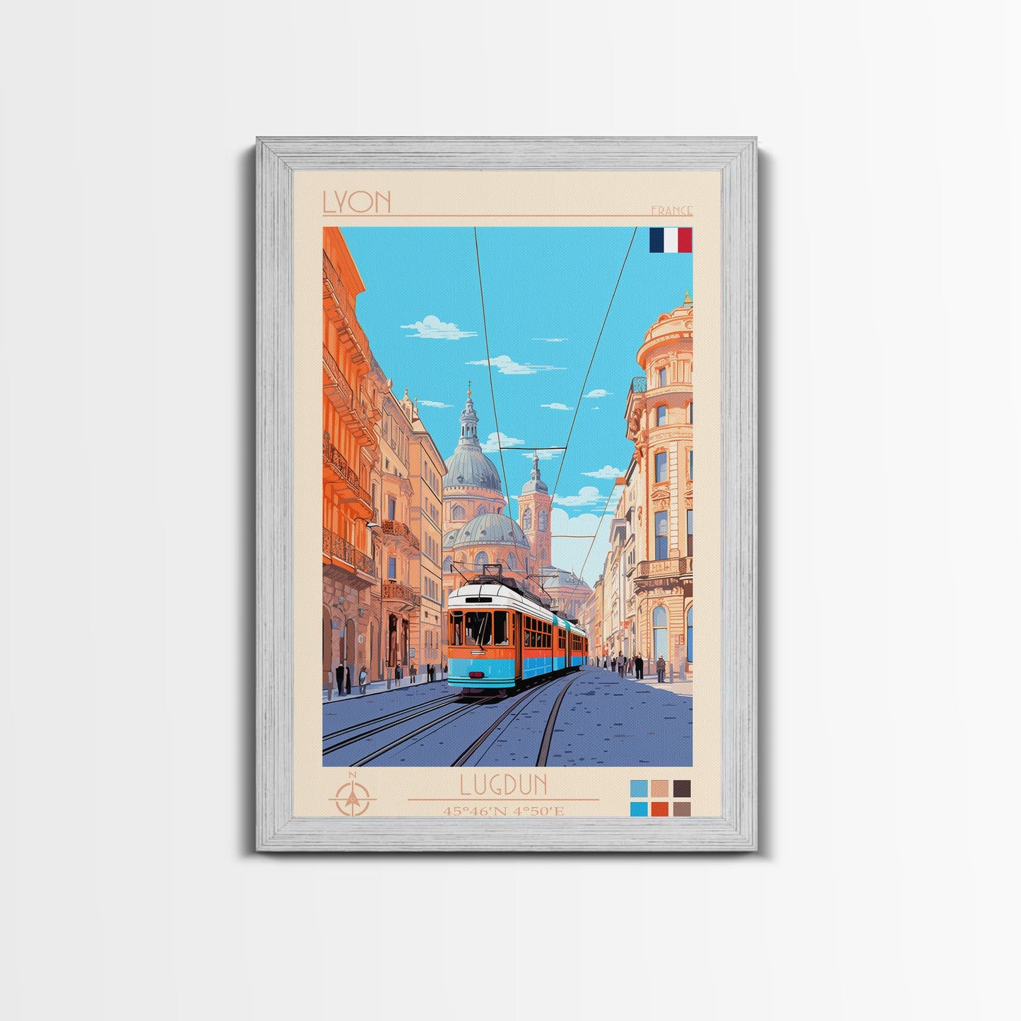 Lyon France Travel Poster Framed Canvas Print, Midcentury Modern Art, Pop Art Wall Decor, Scenic Bedroom Art, Office Decoration