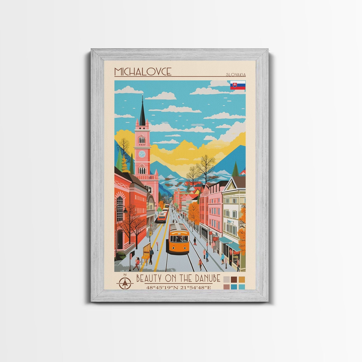 Michalovce Slovakia Travel Poster Framed Canvas Print, Midcentury Modern Art, Pop Art Wall Decor, Scenic Wall Art, Living Room Decoration, Office Art