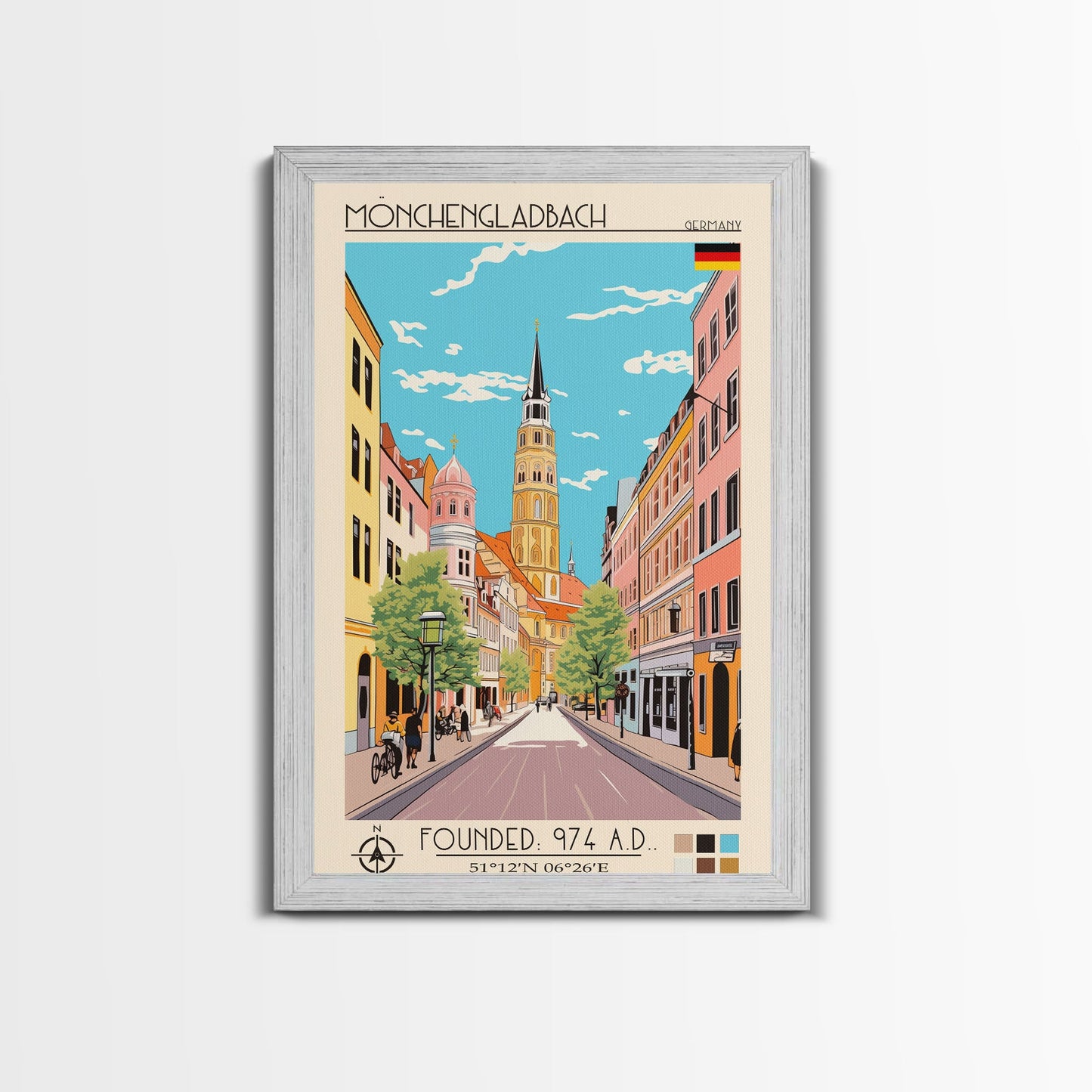 Mönchengladbach Germany Travel Poster Framed Canvas Print, Midcentury Modern Art, Pop Art Wall Decor, Scenic Living Room Art, Bedroom Gift