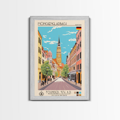 Mönchengladbach Germany Travel Poster Framed Canvas Print, Midcentury Modern Art, Pop Art Wall Decor, Scenic Living Room Art, Bedroom Gift