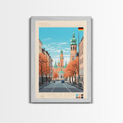 Munich Germany Travel Poster Framed Canvas Print, Midcentury Modern Art, Pop Art Wall Decor, Scenic Wall Art, Living Room Decoration, Office Gift