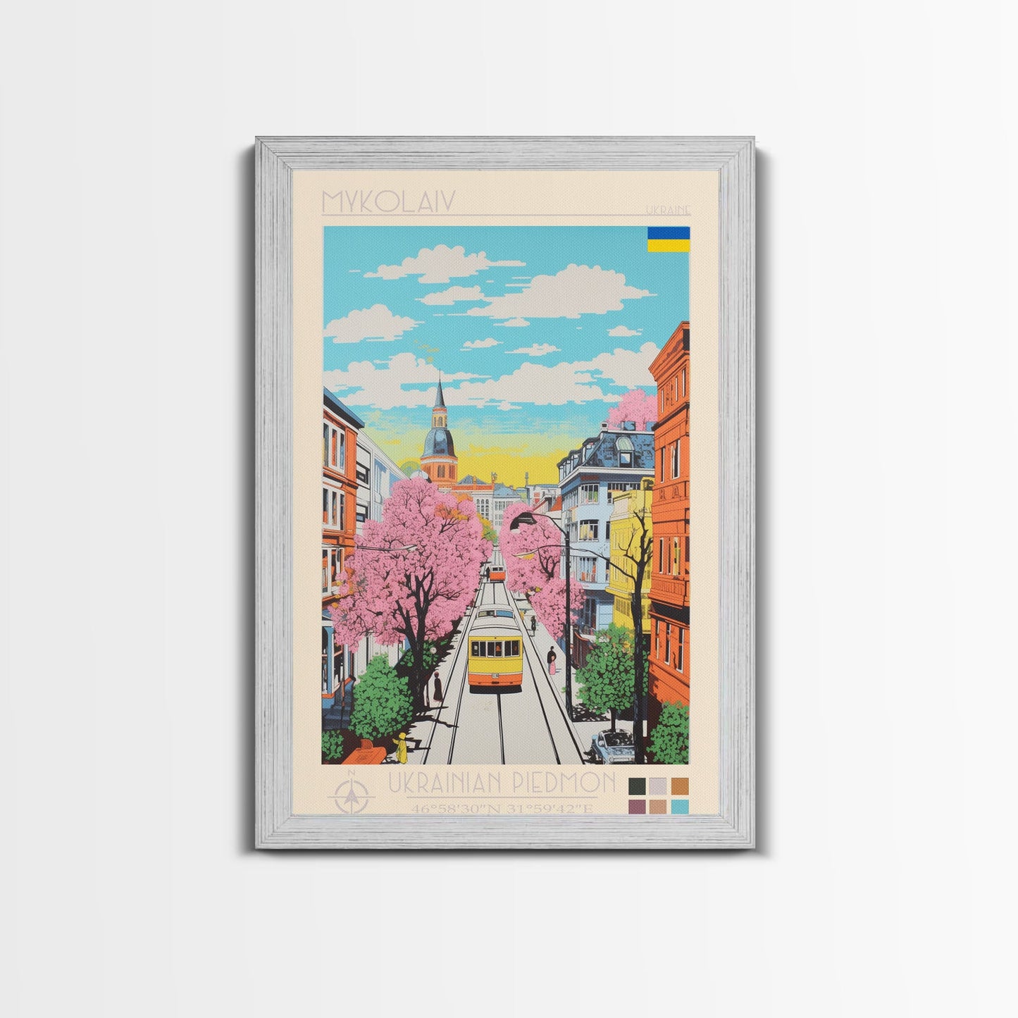 Mykolaiv Ukraine Travel Poster Framed Canvas Print, Midcentury Modern Art, Pop Art Wall Decor, Scenic Bedroom Art, Office Decoration