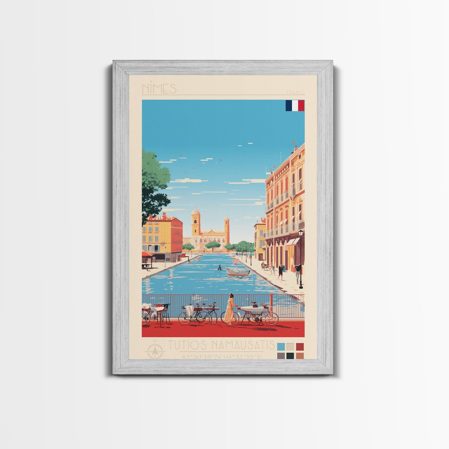 Nimes France Travel Poster Framed Canvas Print, Midcentury Modern Art, Pop Art Wall Decor, Scenic Living Room Art, Bedroom Gift
