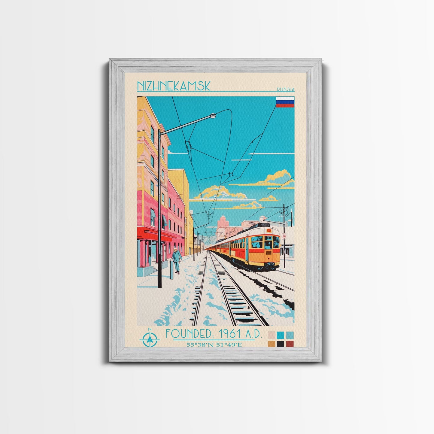 Nizhnekamsk Russia Travel Poster Framed Canvas Print, Midcentury Modern Art, Pop Art Wall Decor, Scenic Wall Art, Bedroom Decoration