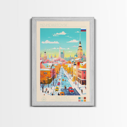 Nizhnevartovsk Russia Travel Poster Framed Canvas Print, Midcentury Modern Art, Pop Art Wall Decor, Scenic Wall Art, Living Room Decoration, Office Art