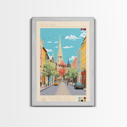 Novi Sad Serbia Travel Poster Framed Canvas Print, Midcentury Modern Art, Pop Art Wall Decor, Scenic Wall Art, Bedroom Decoration