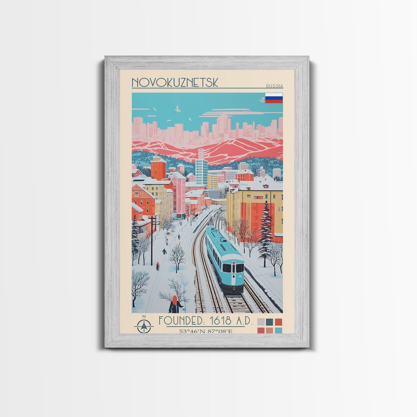 Novokuznetsk Russia Travel Poster Framed Canvas Print, Midcentury Modern Art, Pop Art Wall Decor, Scenic Wall Art, Living Room Decoration, Office Art