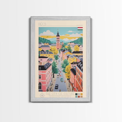 Pécs Hungary Travel Poster Framed Canvas Print, Midcentury Modern Art, Pop Art Wall Decor, Living Room Art, Home Decoration