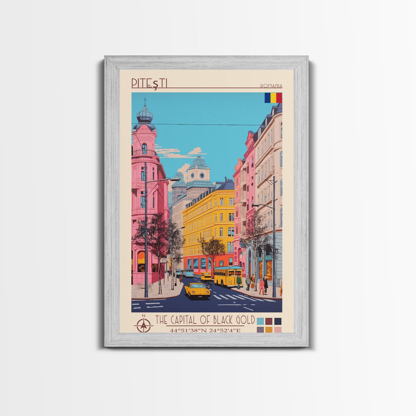 Pitești Romania Travel Poster Framed Canvas Print, Midcentury Modern Art, Pop Art Wall Decor, Home Decor, Vacation Gift, Bedroom Art