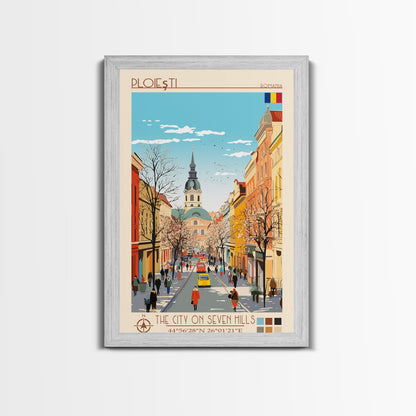 Ploiești Romania Travel Poster Framed Canvas Print, Midcentury Modern Art, Pop Art Wall Decor, Scenic Wall Art, Bedroom Decoration