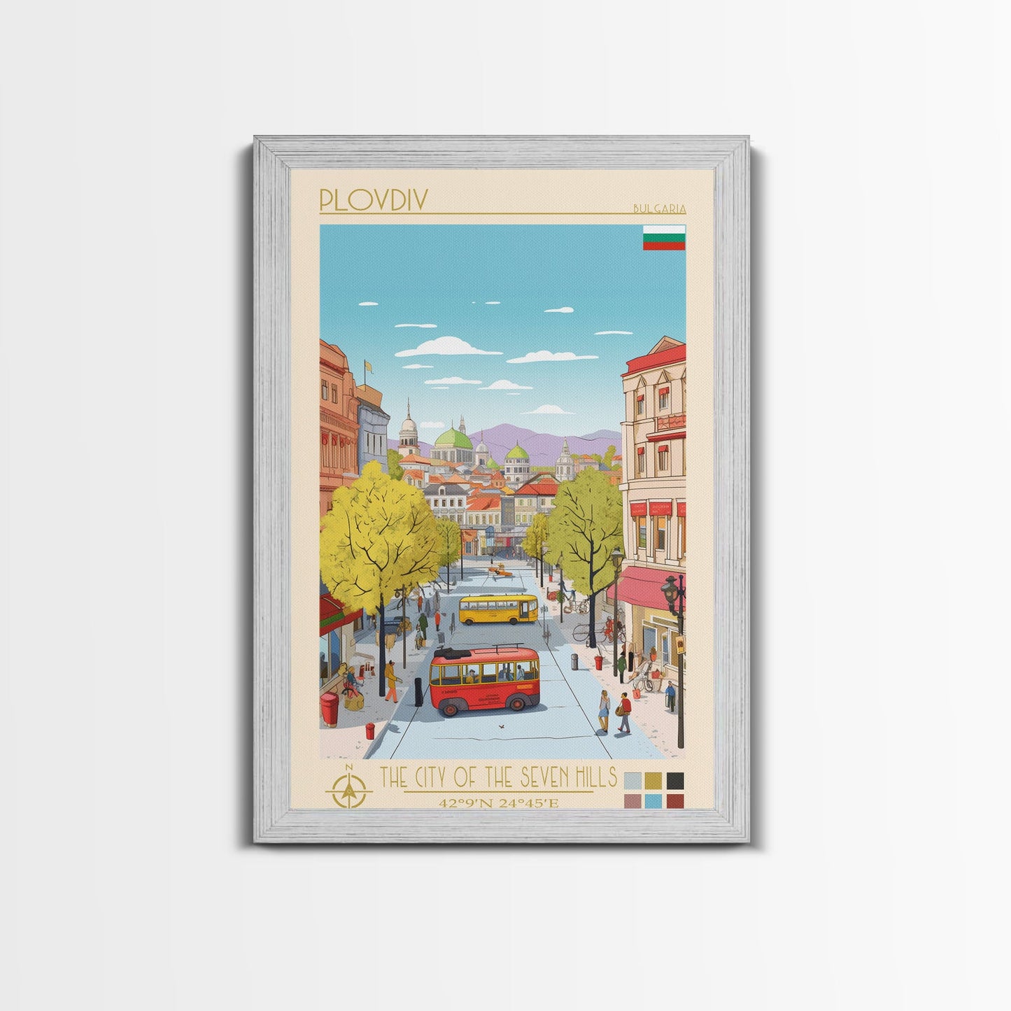 Plovdiv Bulgaria Travel Poster Framed Canvas Print, Midcentury Modern Art, Pop Art Wall Decor, Living Room Art, Home Decoration