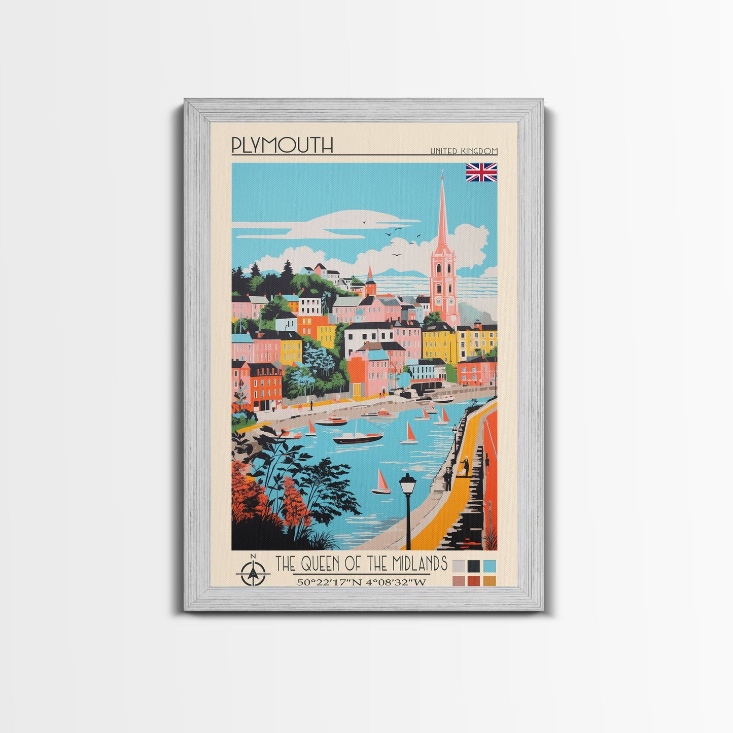 Plymouth United Kingdom Travel Poster Framed Canvas Print, Midcentury Modern Art, Pop Art Wall Decor, Scenic Bedroom Art, Office Decoration