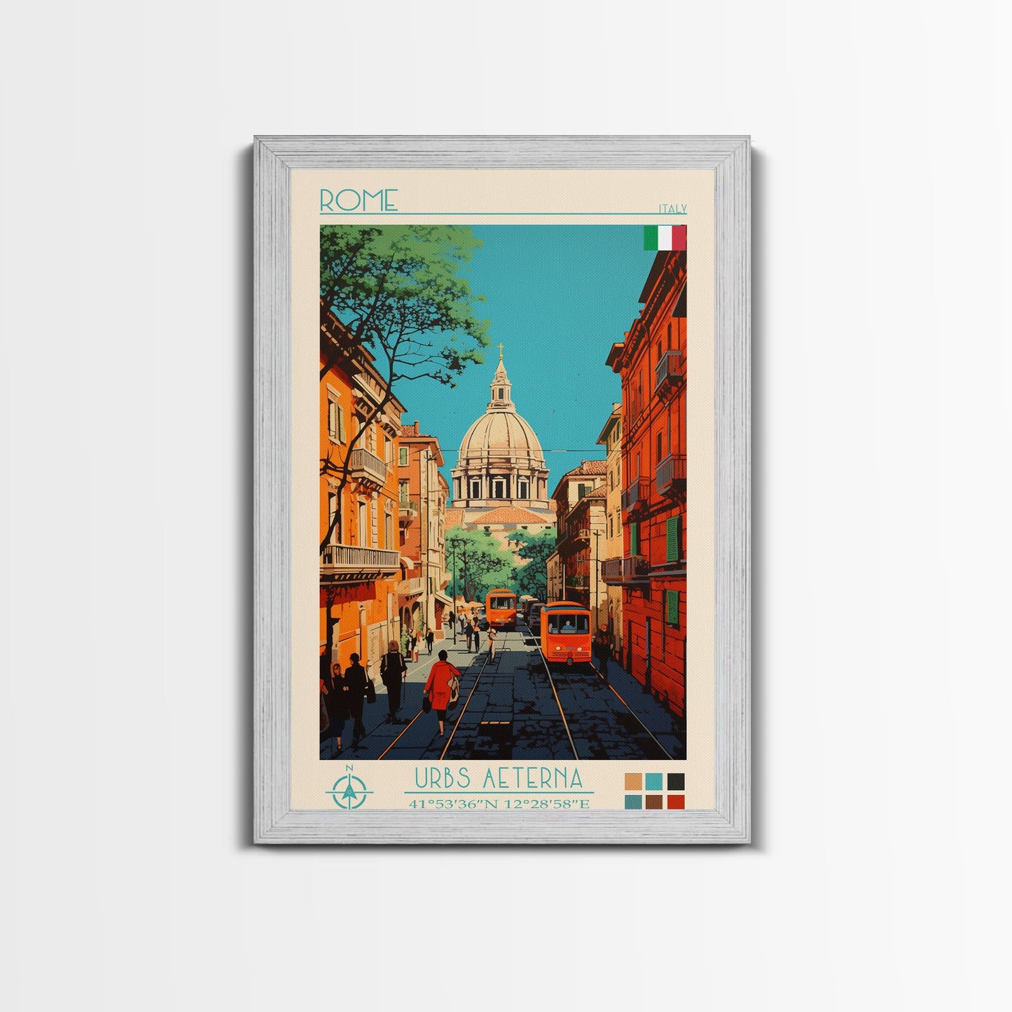 Rome Italy Travel Poster Framed Canvas Print, Midcentury Modern Art, Pop Art Wall Decor, Home Decor, Vacation Gift, Office Art