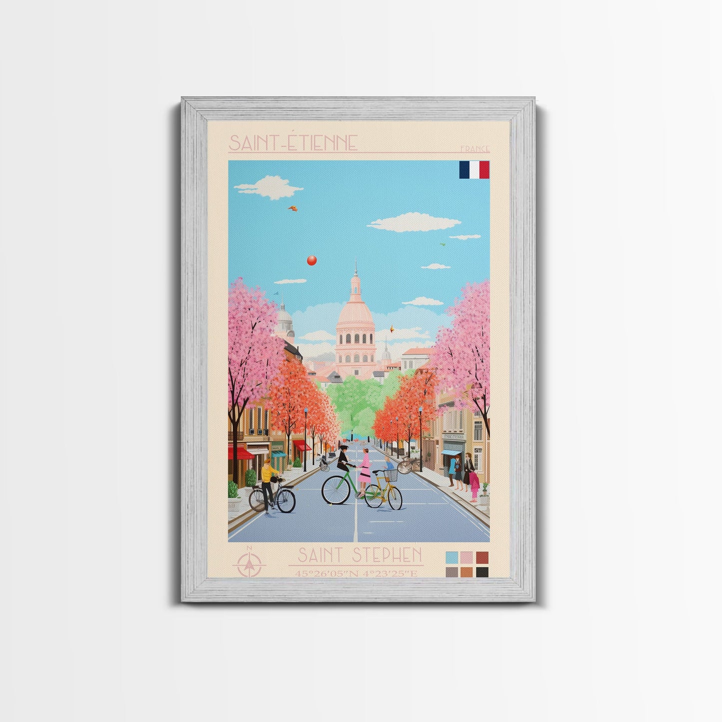 Saint-Étienne France Travel Poster Framed Canvas Print, Midcentury Modern Art, Pop Art Wall Decor, Living Room Art, Vacation Gift