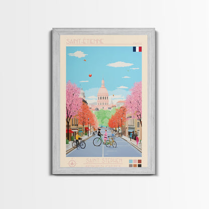 Saint-Étienne France Travel Poster Framed Canvas Print, Midcentury Modern Art, Pop Art Wall Decor, Living Room Art, Vacation Gift