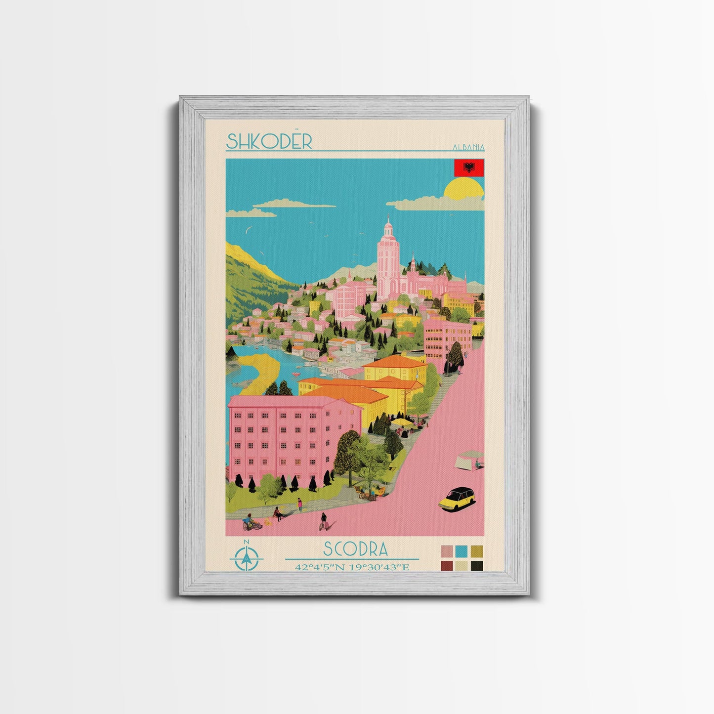 Shkodër Albania Travel Poster Framed Canvas Print, Midcentury Modern Art, Pop Art Wall Decor, Scenic Wall Art, Bedroom Decoration