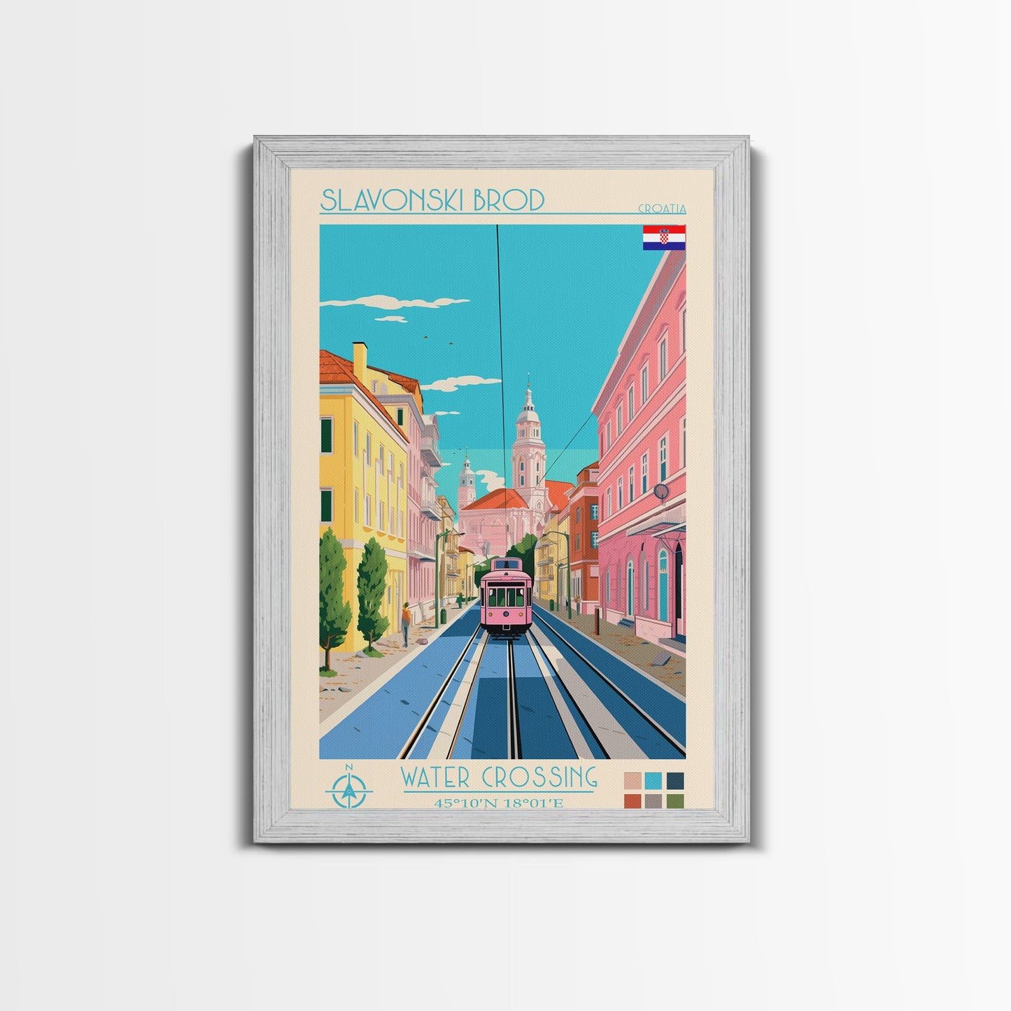 Slavonski Brod Croatia Travel Poster Framed Canvas Print, Midcentury Modern Art, Pop Art Wall Decor, Home Decor, Office Decoration