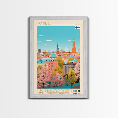 Tampere Finland Travel Poster Framed Canvas Print, Midcentury Modern Art, Pop Art Wall Decor, Living Room Art, Vacation Gift