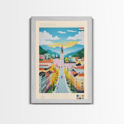 Tatabánya Hungary Travel Poster Framed Canvas Print, Midcentury Modern Art, Pop Art Wall Decor, Living Room Art, Vacation Gift